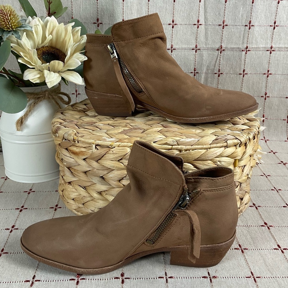 Sam Edelman “Packer” Ankle Boots Tan Leather Double Zip Bootie Sz 6.5 PreLoved